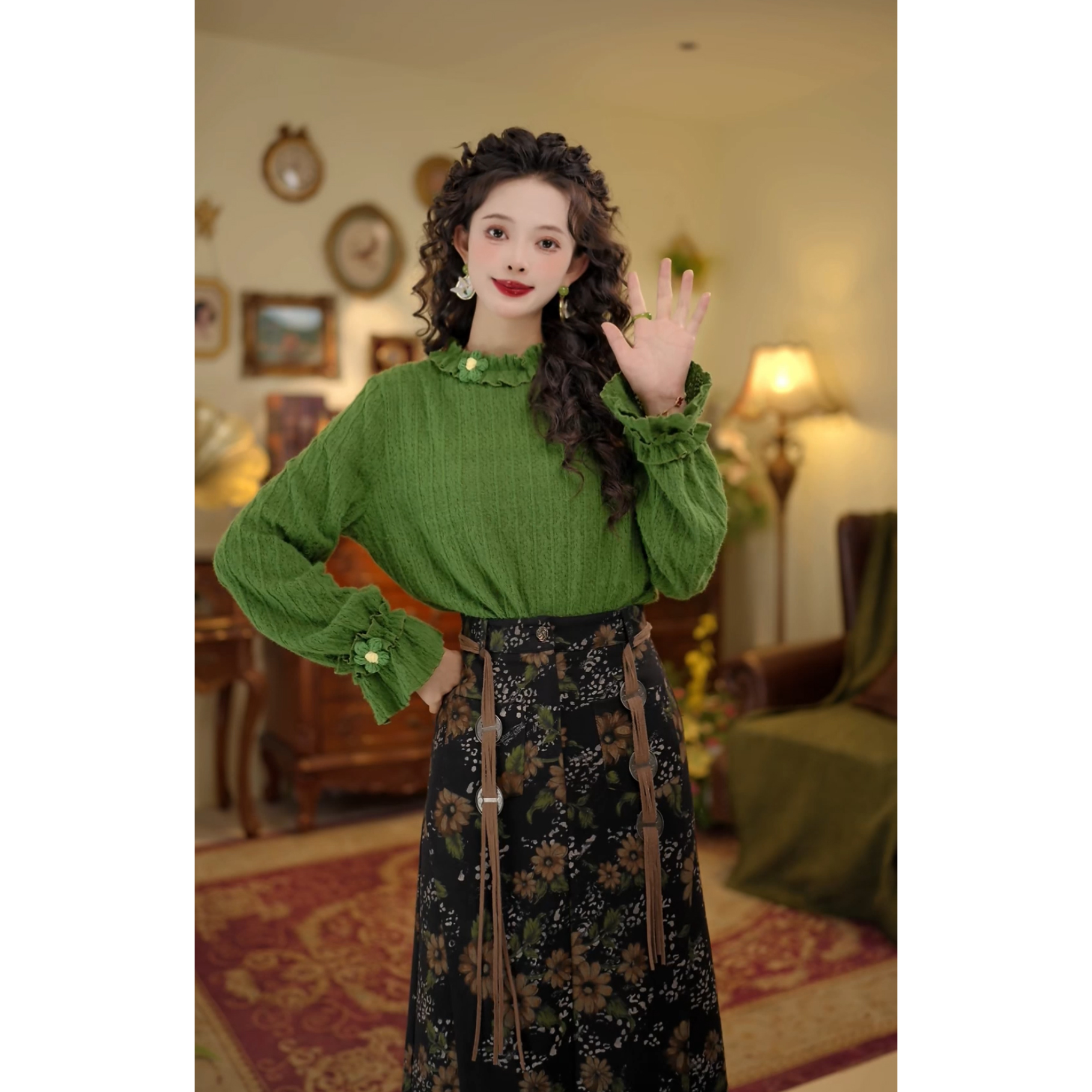 扣子家【南坪晚风】港风复古秋冬纯色条纹打底衫T恤KK0726342