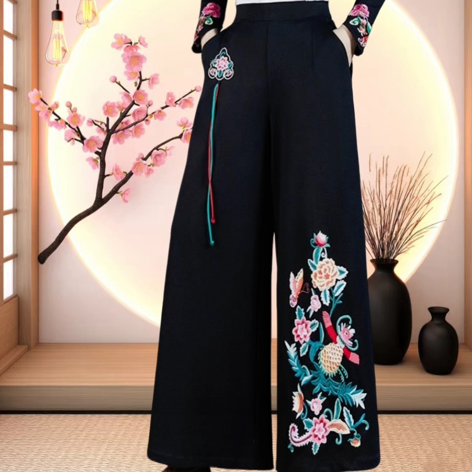 民族风重工刺绣大码阔腿女裤新款秋冬装