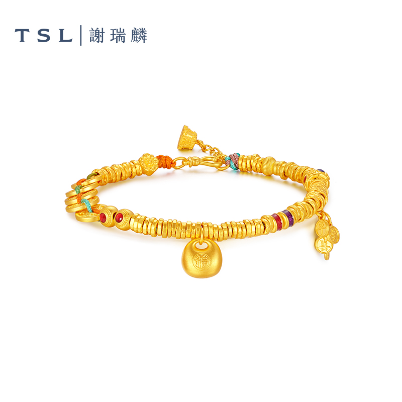 TSL/谢瑞麟计价足金999五帝币平安喜乐手链黄金盘缠珐琅小胖福