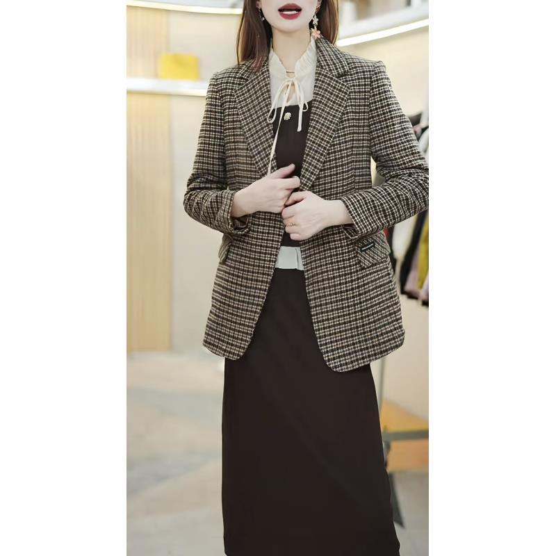 H2840格纹做旧商务休闲常规款气质格子花呢收腰西装
