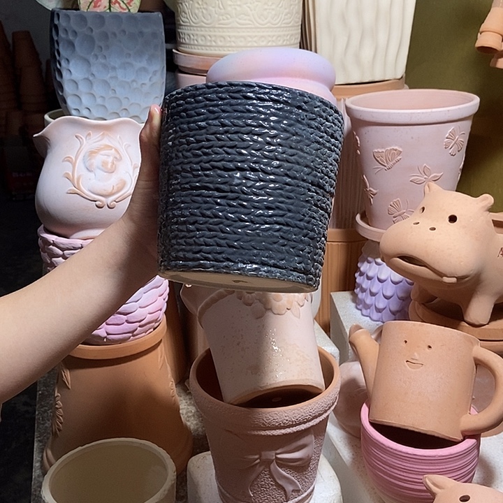 14×13黑色麻绳盆 粗陶1个