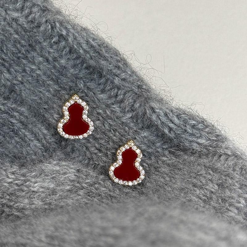 合金耳饰 S925银针安可拉红色葫芦耳钉气质新款精致喜庆新