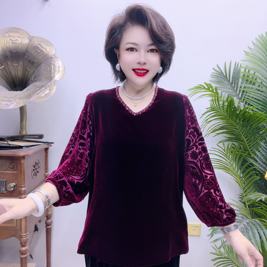 桑蚕丝显瘦百搭时尚洋气网红长袖复古中式提花气质上衣   43A1999