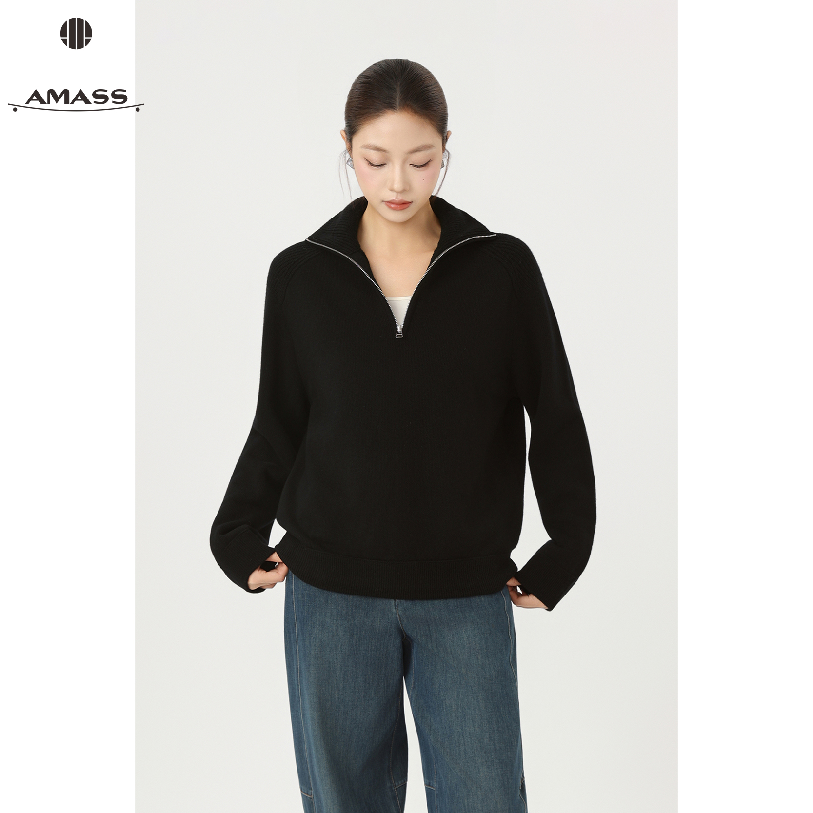 AMASS/阿玛施秋冬新款格雷系质感时尚复古立领套头针织衫女538085