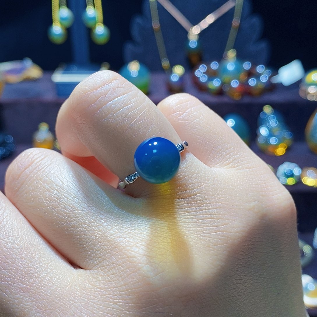 蓝珀戒指银S925镶嵌戒指10m