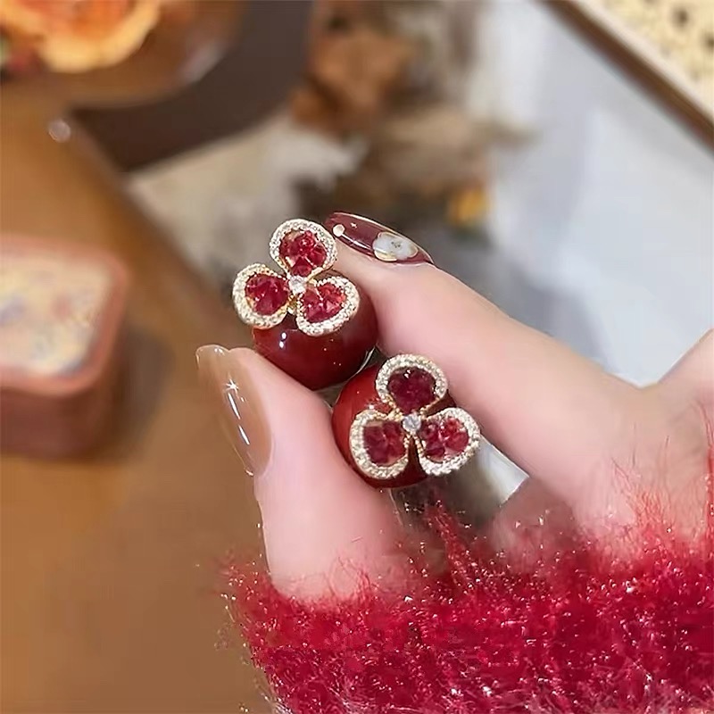 铜合金合成锆石耳饰 红色双面甜美风时尚百搭精致耳钉