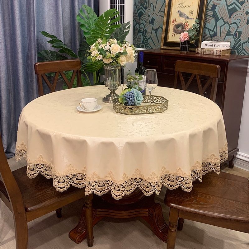 桌布防水防油免洗轻奢高级感防烫大圆桌蕾丝现代简约饭桌圆形台布