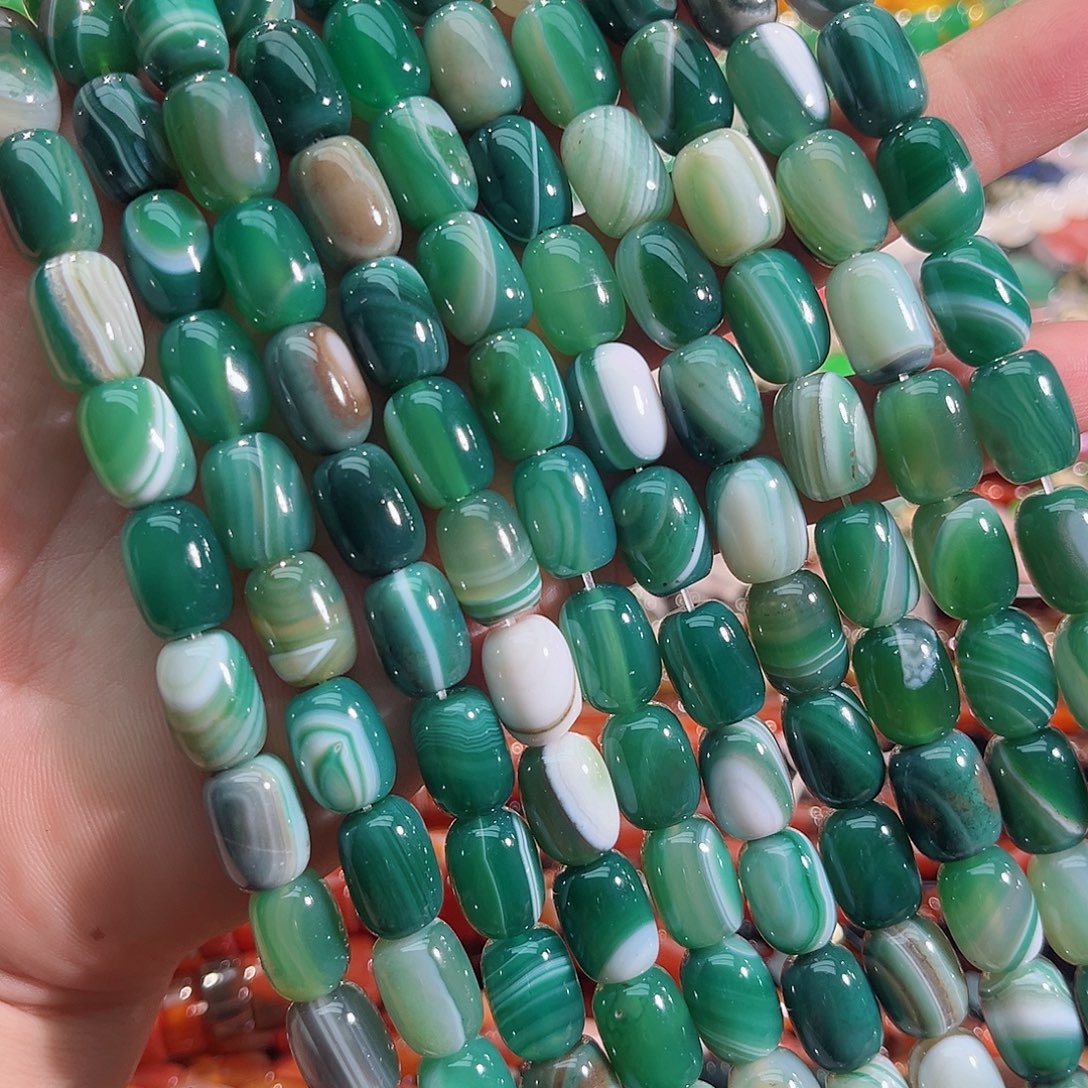 玛瑙/玉髓未镶嵌珠宝半成品绿玛瑙桶珠一条10x14mm