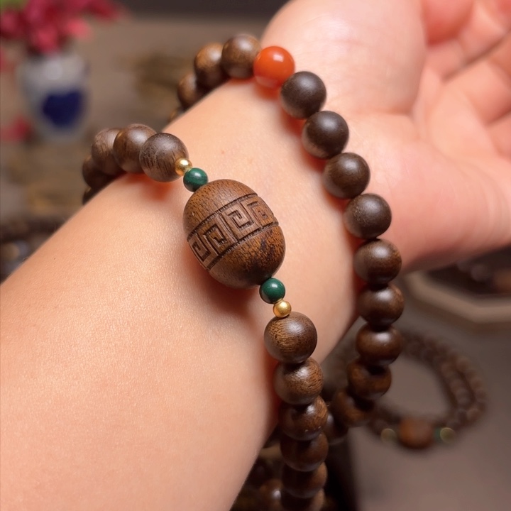 沉香手串越南芽庄古董紫棋楠0.8➕红土沉香木雕设计