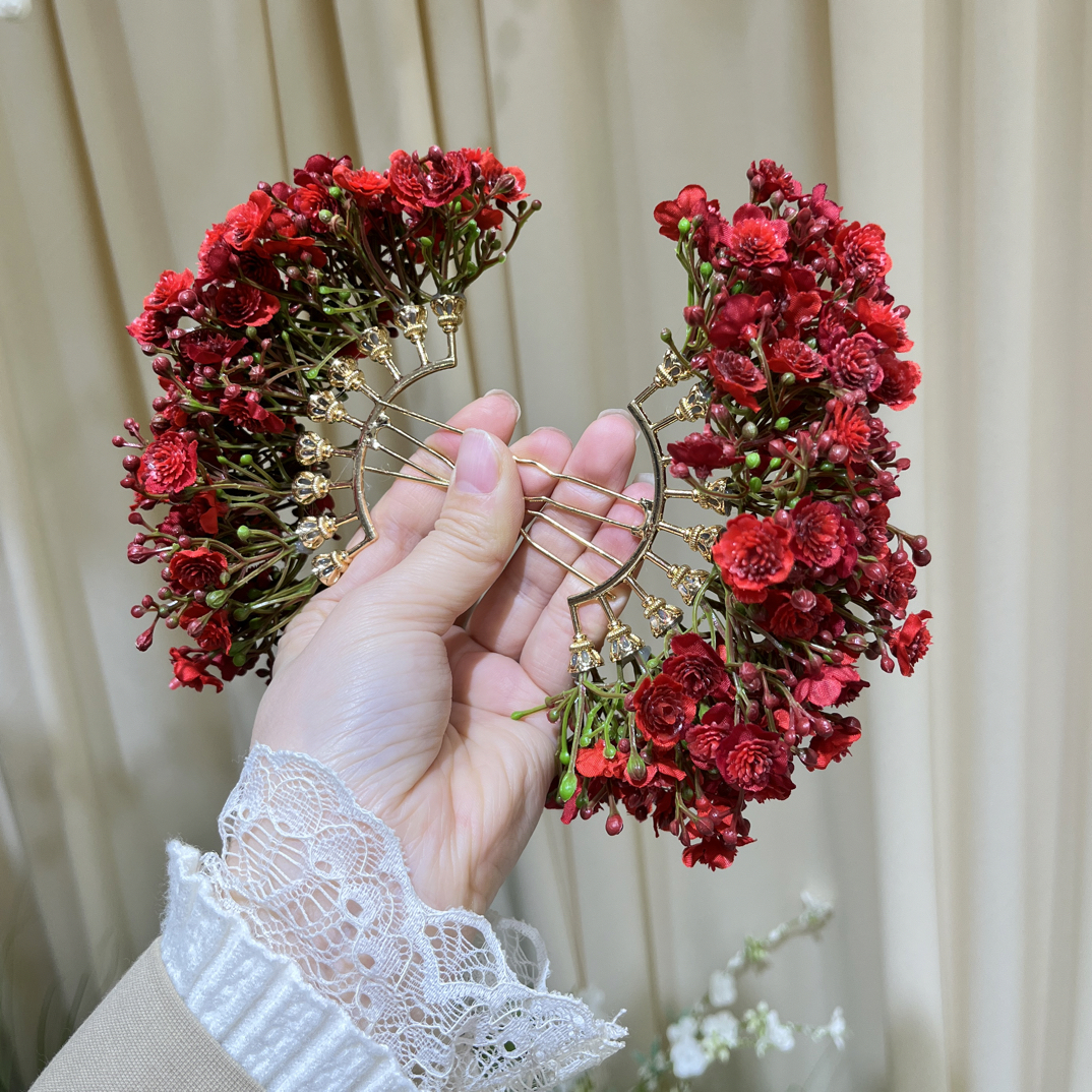 红色满天星花朵新娘结婚新中式少女簪花头饰盘拍照发饰532