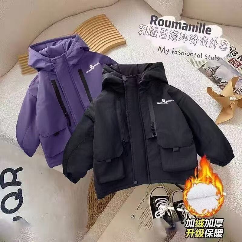 儿童男童加厚外套宝宝新款冬装棉衣上衣小童连帽男孩夹棉风衣