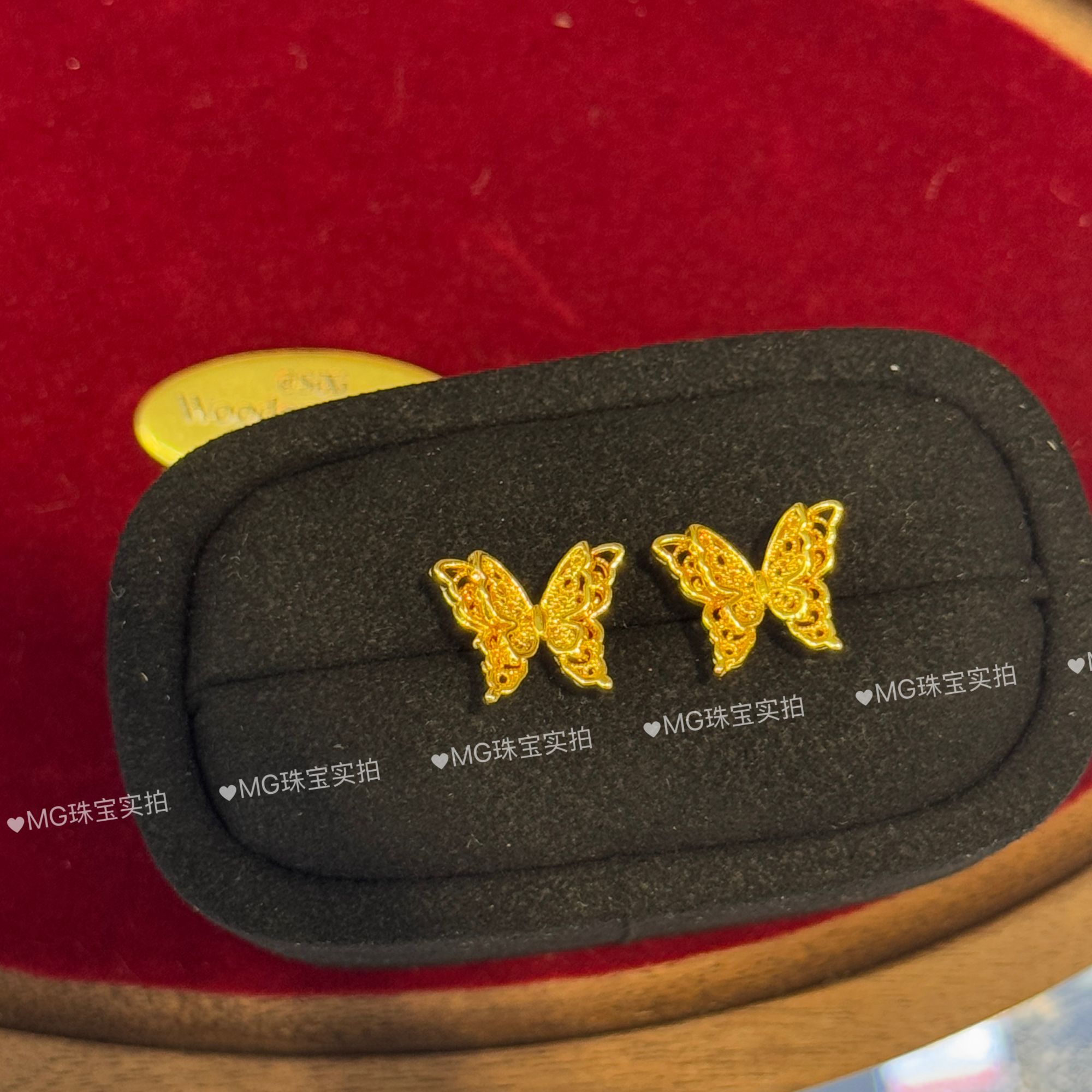 耳钉 H160黄色蕾丝蝴蝶双层耳钉