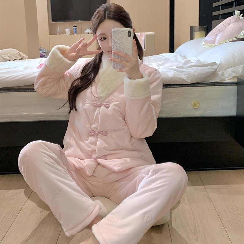 三层夹棉珊瑚绒睡衣女款秋冬加绒加厚新中式国风甜美可外穿家居服