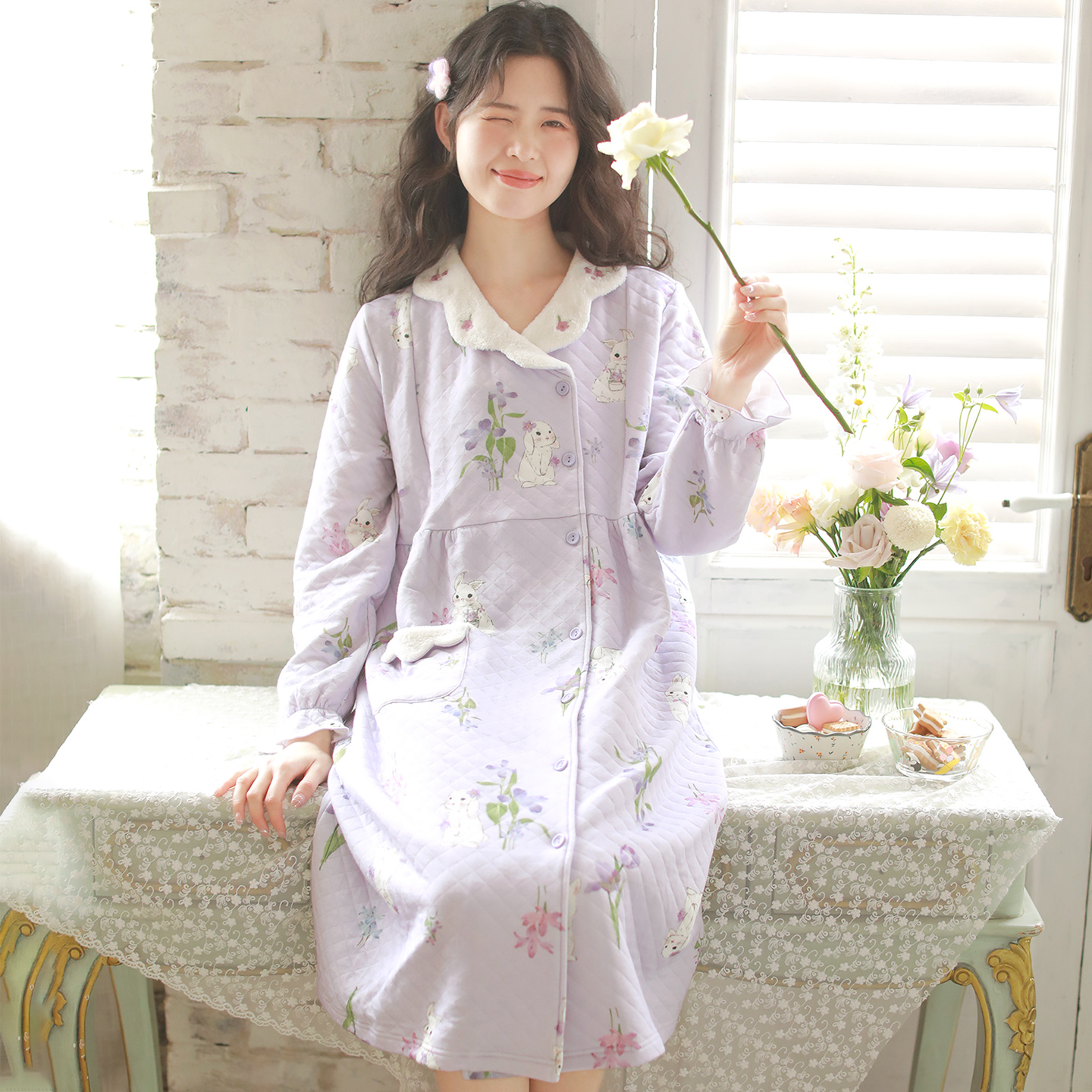 『眠岛』2025新款睡裙女秋冬季纯棉加厚保暖甜美空气棉夹棉家居服