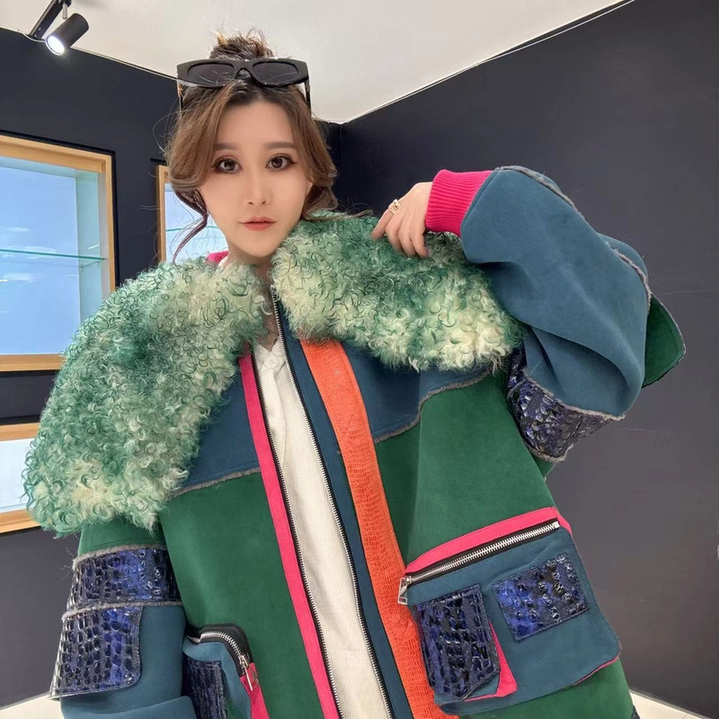 【女王优选】时尚冬季中长款设计师羊皮羊毛皮草外套9052