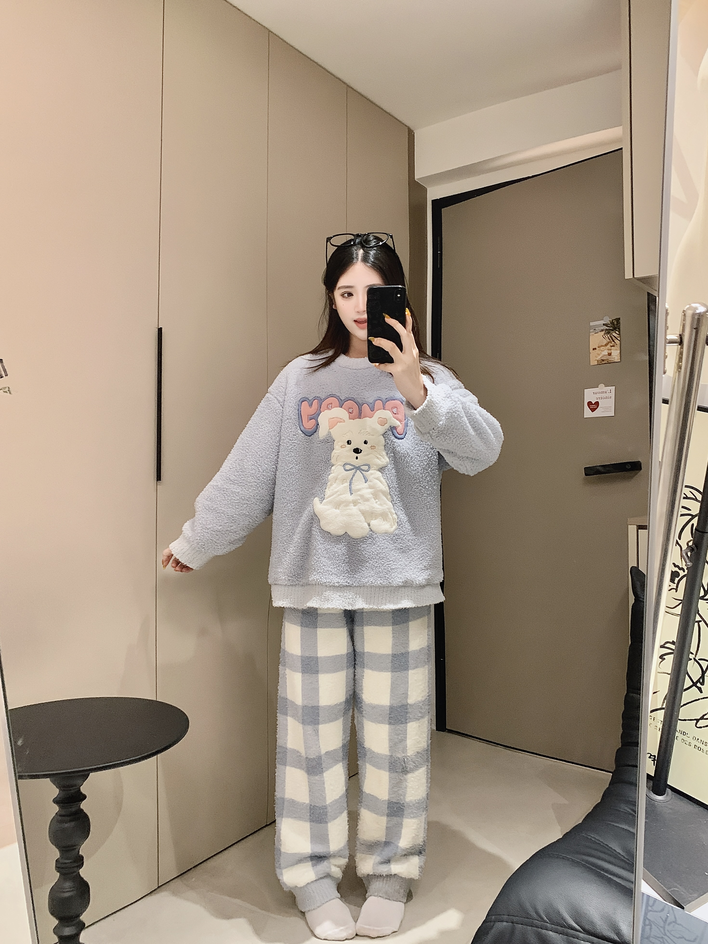 【雪纳瑞】半边绒加绒加厚秋冬季睡衣女宽松保暖卡通甜美家居服套装