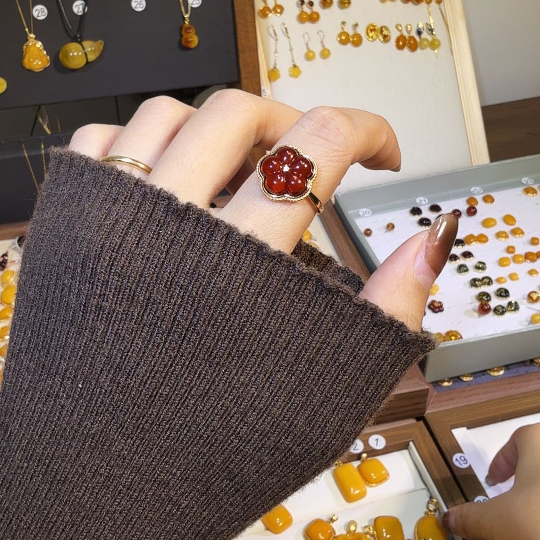 血珀银S925镀金镶嵌戒指