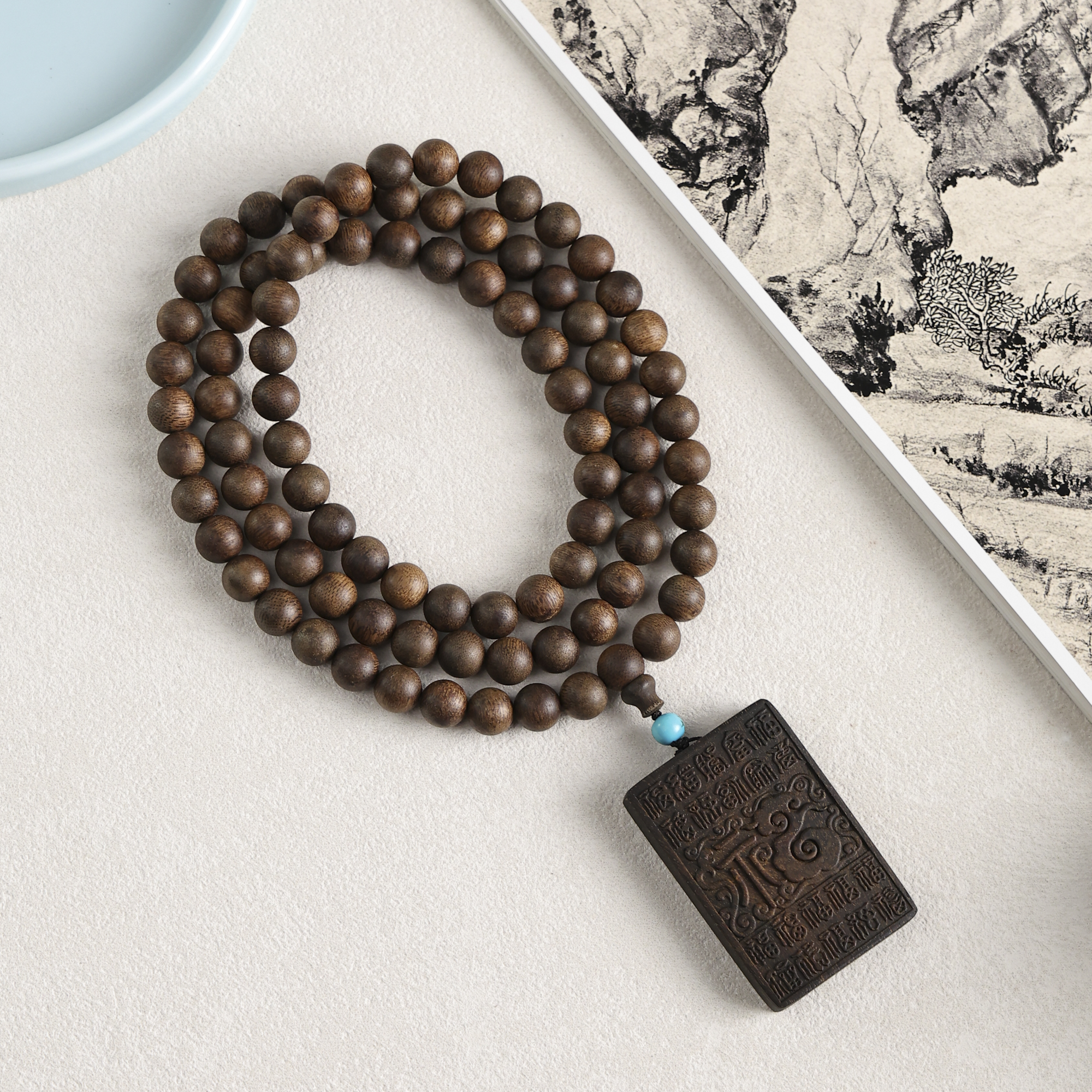 沉香L008富森之上老料红土10mm多圈手串配沉贵宝百福牌