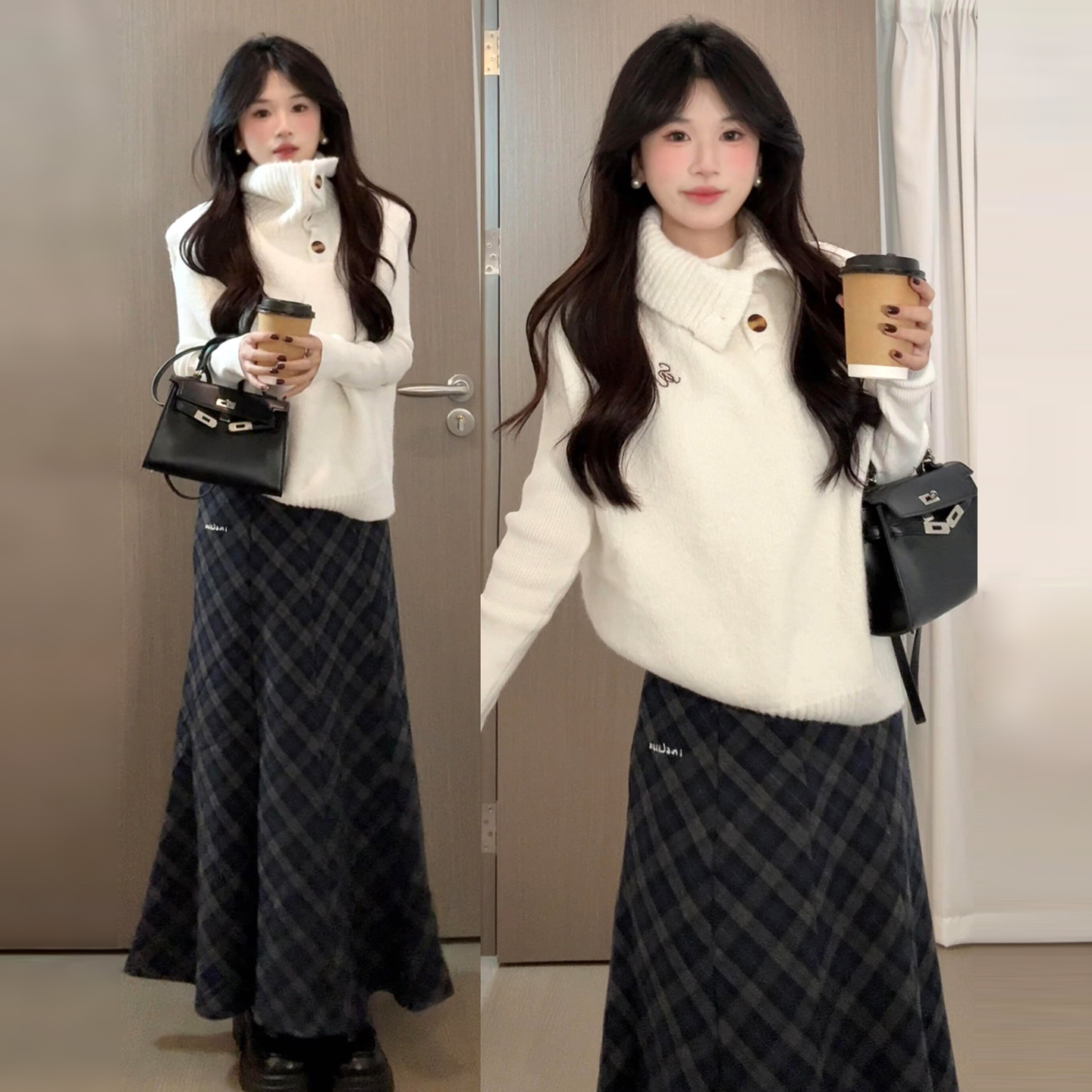 巨好看韩系穿搭一整套2025新款白色针织连衣裙子女秋冬季长裙套装