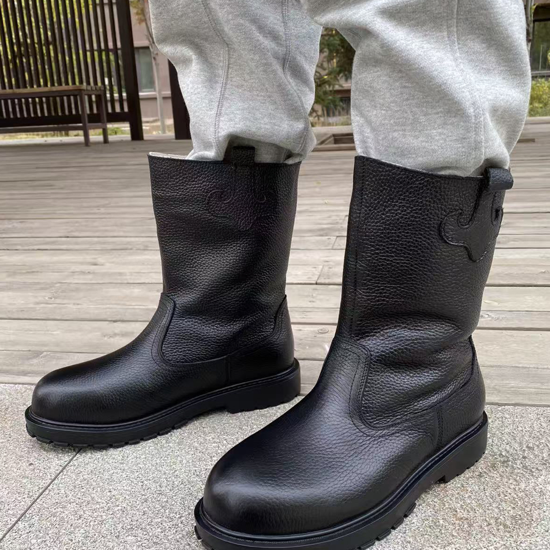 蒙古男士牛皮面内里羊皮毛一体民族风防滑耐磨皮靴骑马靴