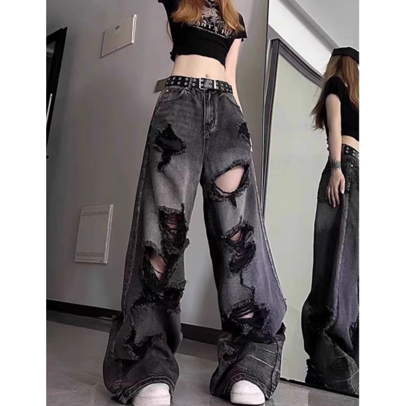 高个子加长美式复古黑灰色破洞磨破牛仔裤女夏季阔腿裤水洗拖地裤