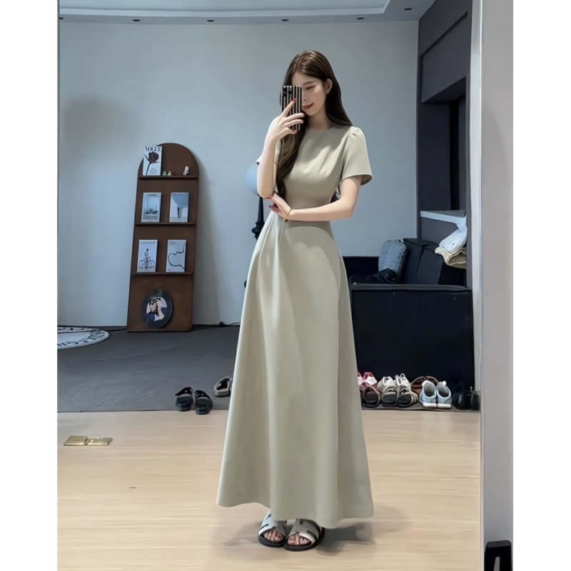 复古长裙女夏季收腰显瘦高级感气质时尚简约纯色西装连衣裙女9011