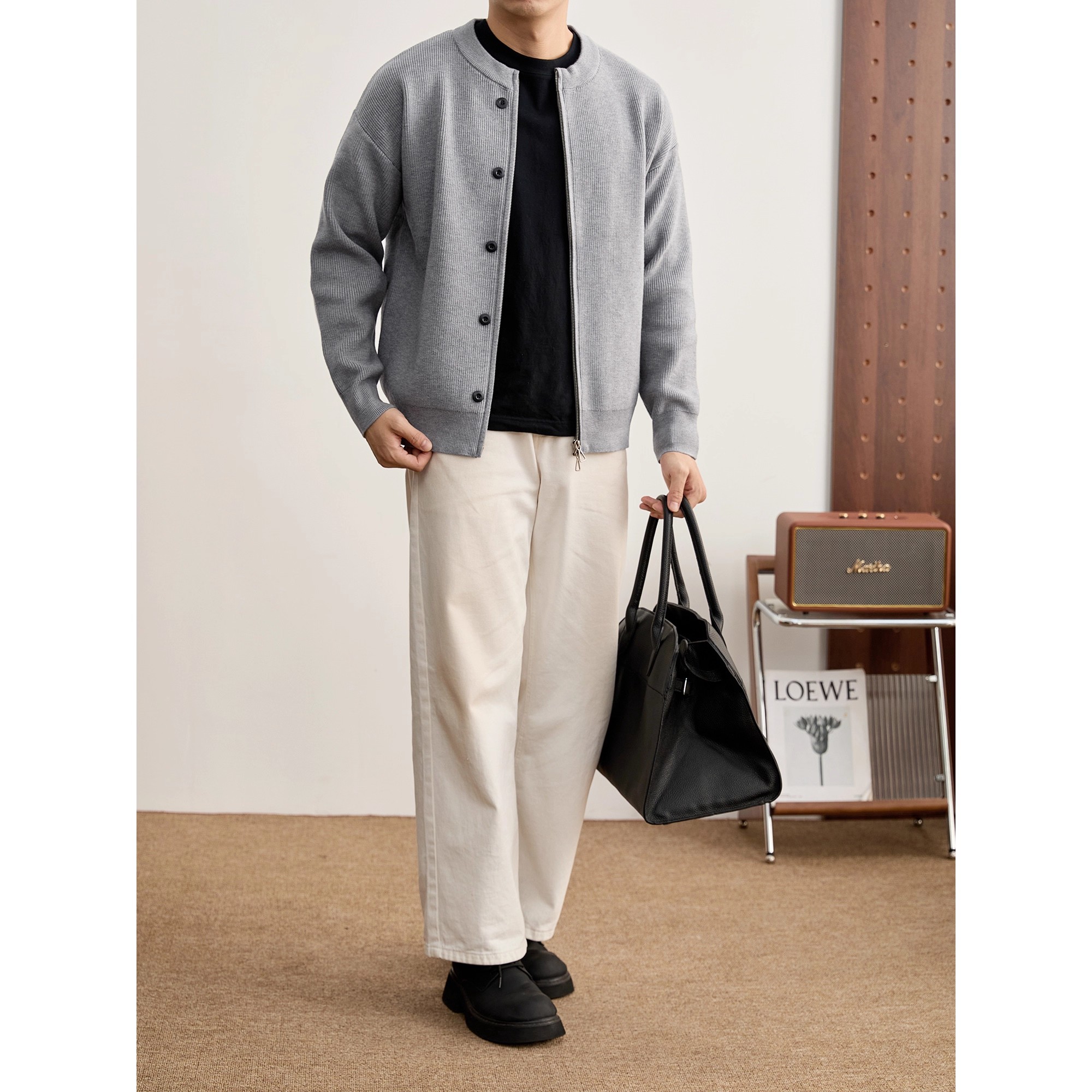 【20288】莱赛尔混纺秋冬高定纽扣装饰设计立领双拉链针织外套