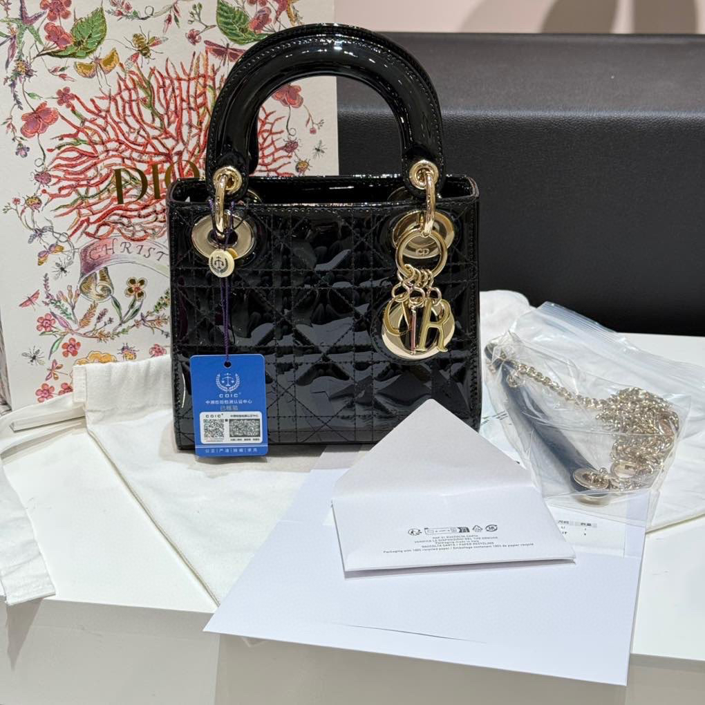 未使用 DIOR/迪奥 黑金漆皮三格戴妃包 