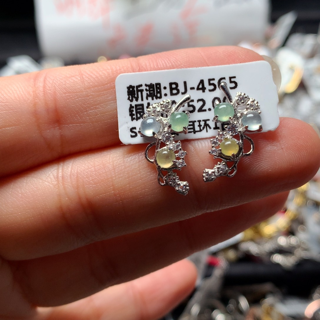 翡翠戒指银S925镶嵌天然翡翠耳饰