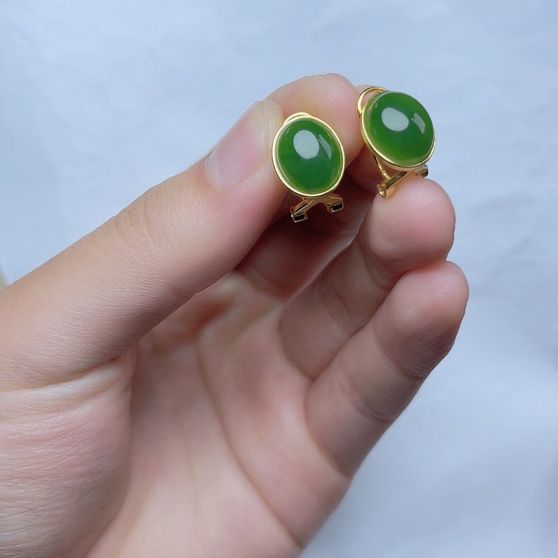 和田玉耳钉06银S925镶嵌