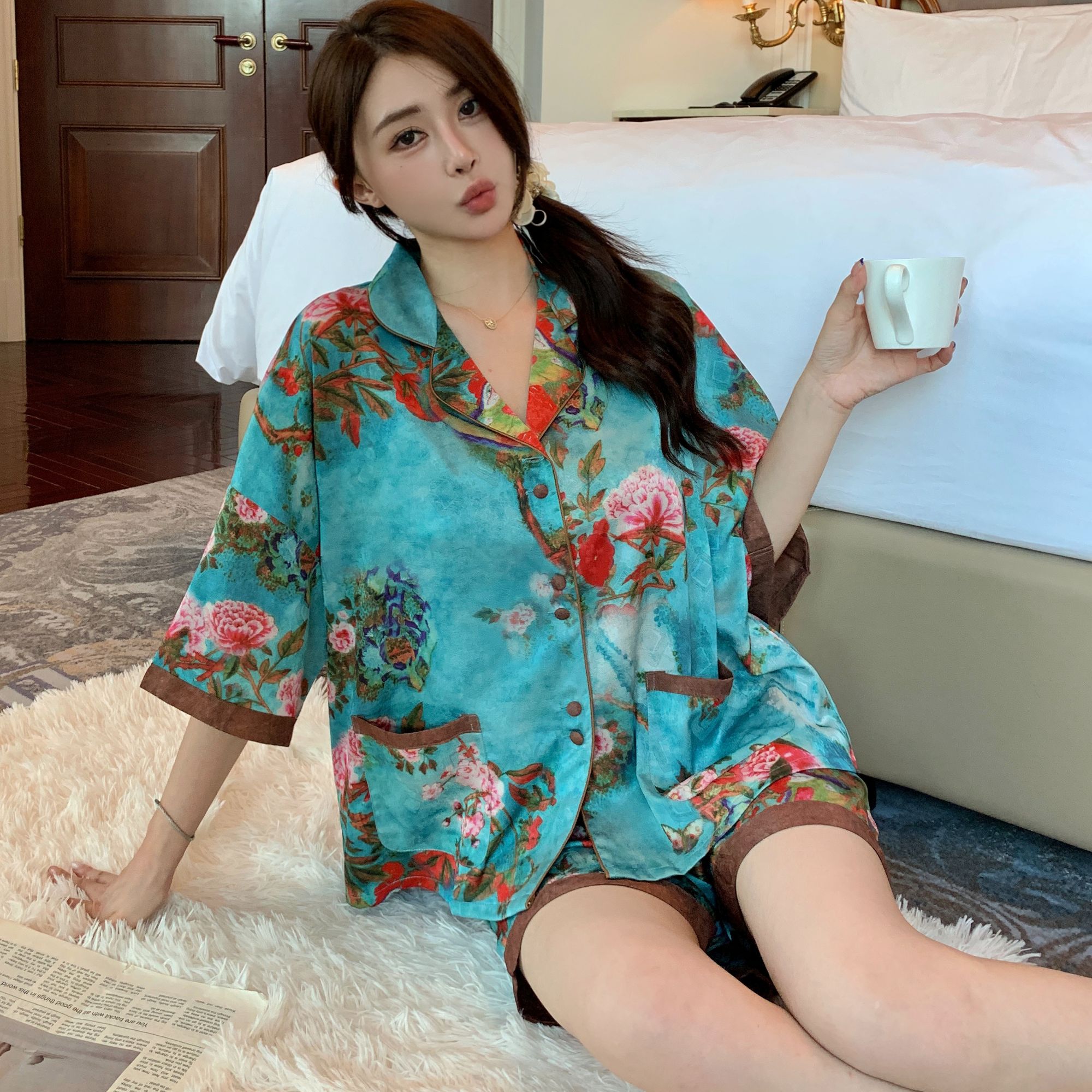 【蓝绘花晓】2025年夏季睡衣女可外穿大码舒适家居服七分袖三件套