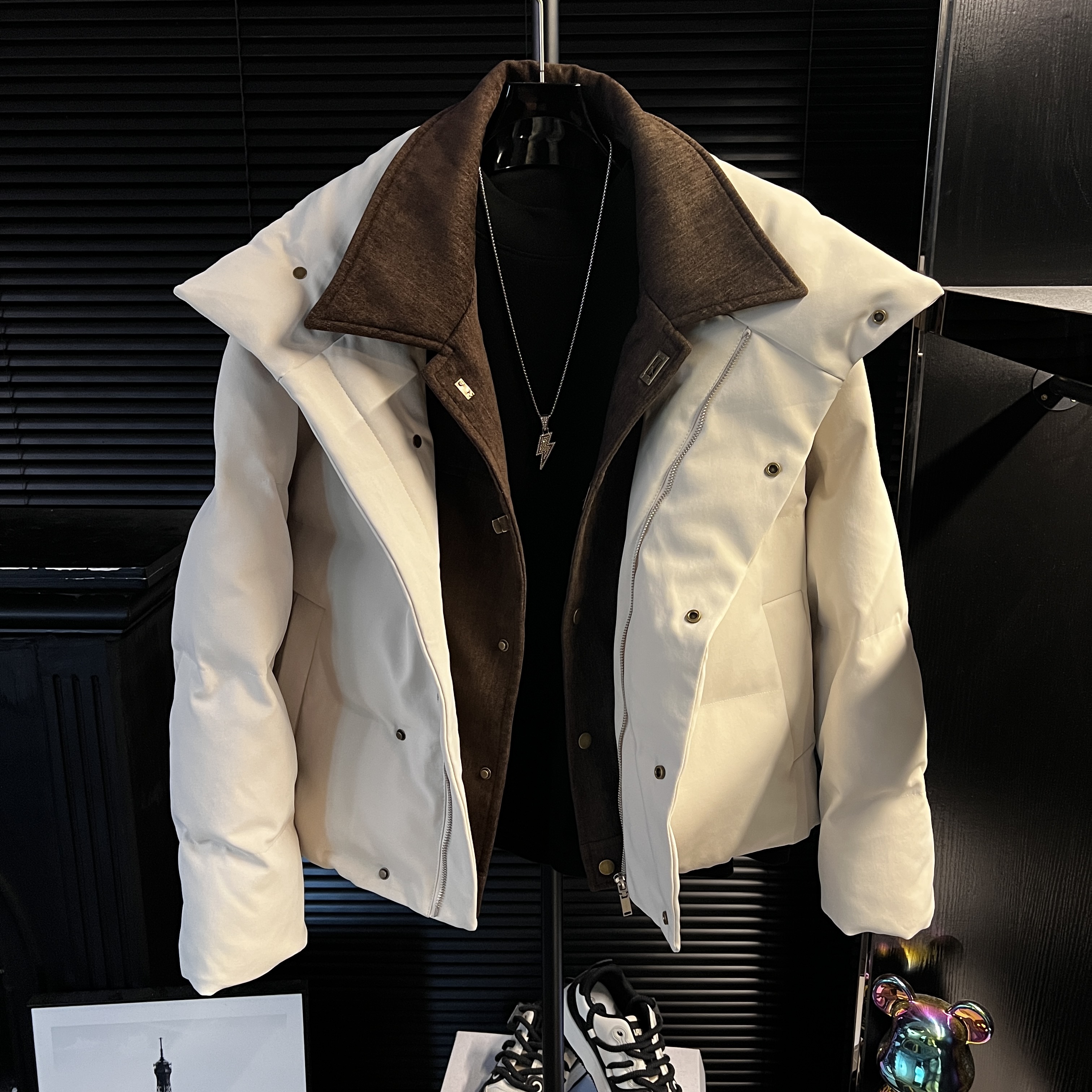 DB-男装设计感雪尼尔拼假两件棉服外套痞帅保暖棉衣潮流百搭英伦