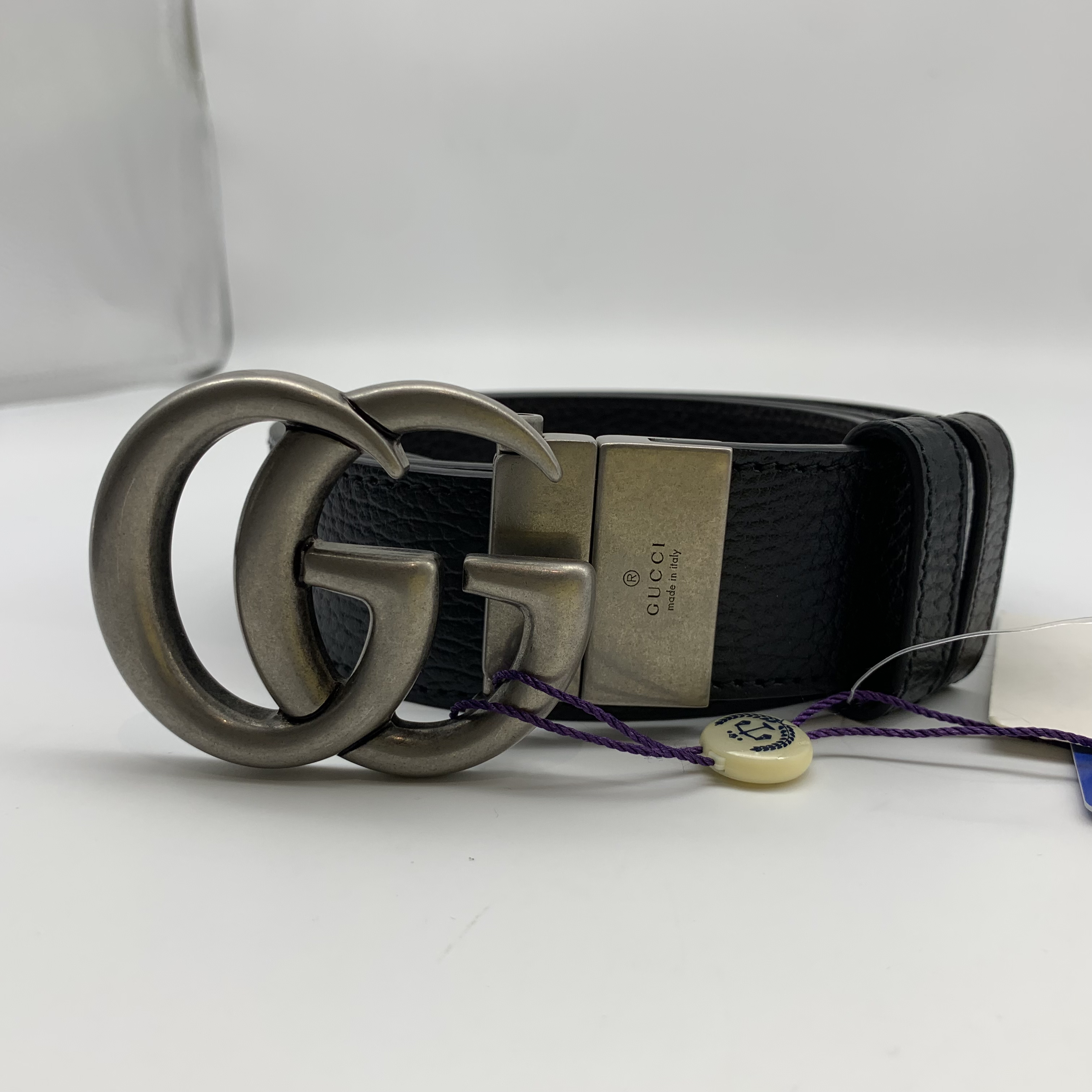 95新 GUCCI/古驰 100码双G银扣双面腰带12750329