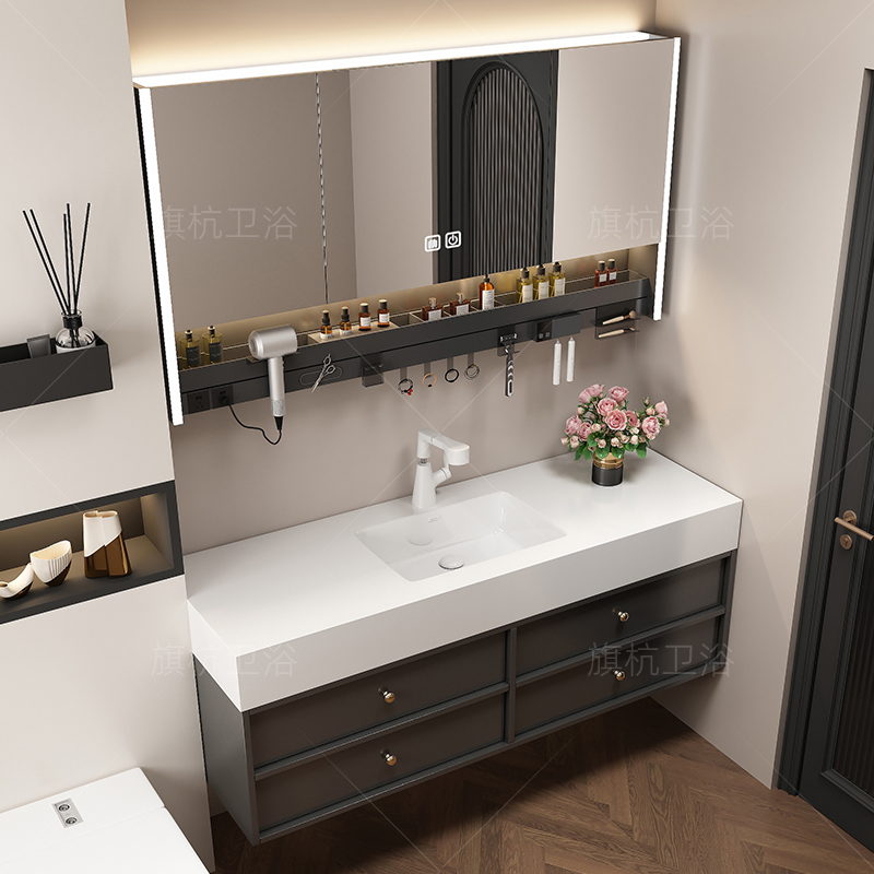 【中古法式风】岩板无缝陶瓷一体盆浴室柜组合洗漱台洗手洗脸盆套装