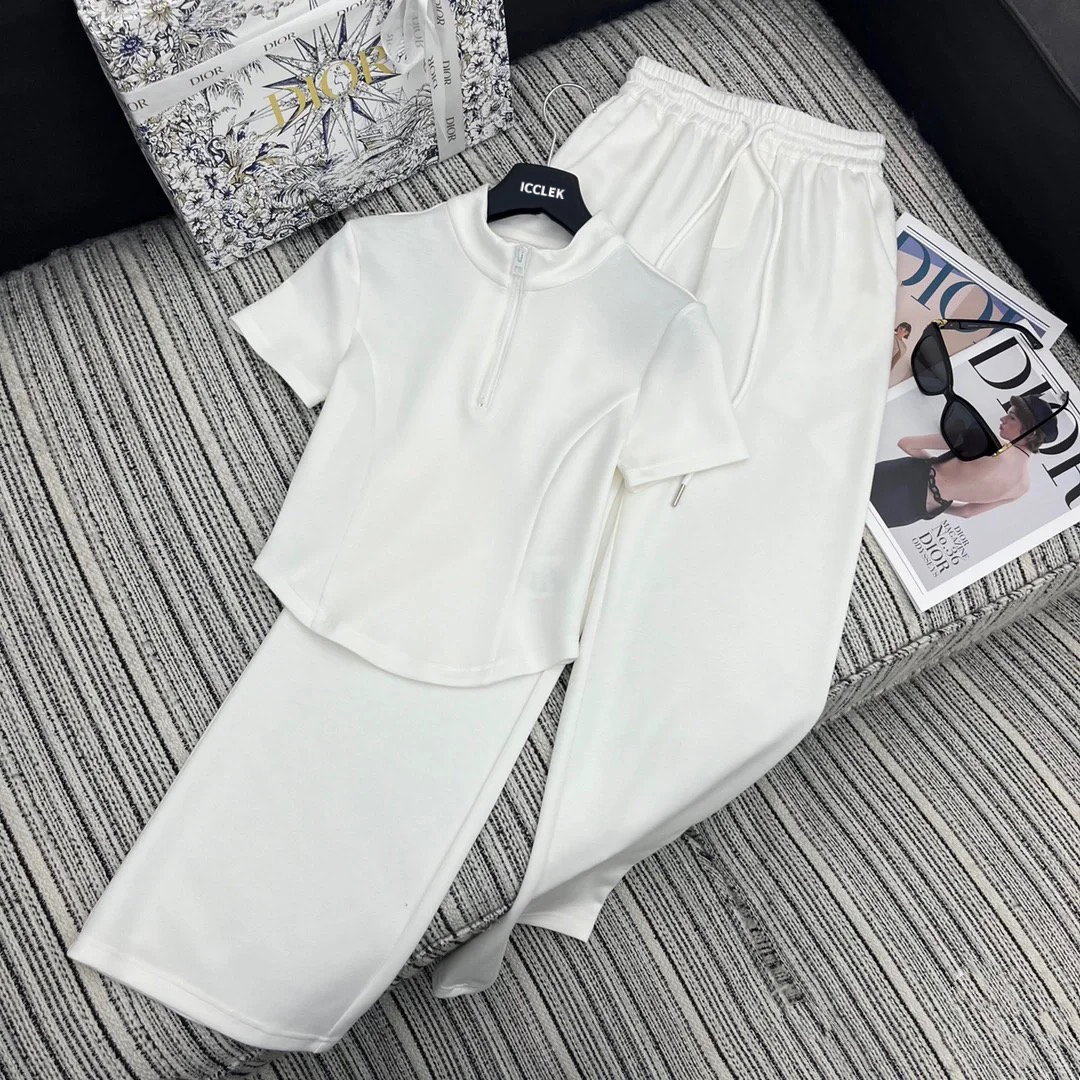 ICCLEK 白色修身两件套翻领针织背心套装夏季减龄气质 - 1029