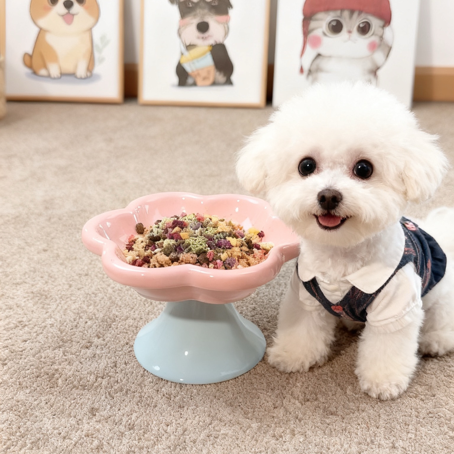 陶瓷创意花朵马卡龙配色宠物碗盘护颈高脚猫狗零食罐头盘幼猫幼犬