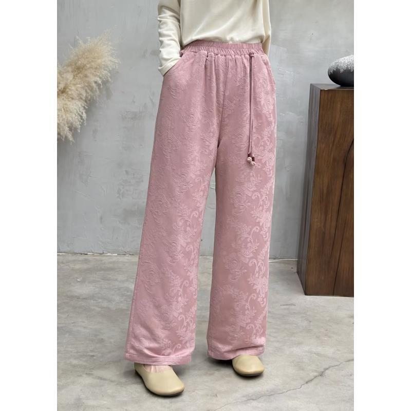 冬季缎面外穿棉裤提花中腰高腰阔腿裤冬装裤子长裤垂感宽松中国风