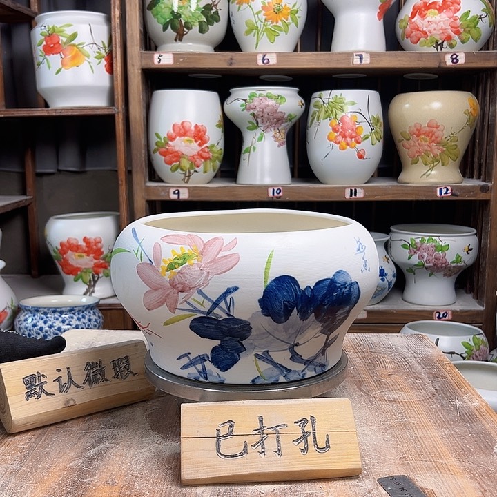 摆件口25青花荷花新款新款陶瓷