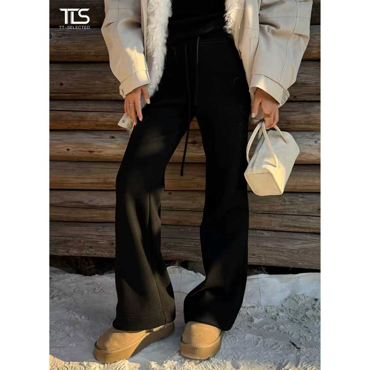 【喇叭裤】重磅高奢绵羊毛混纺加绒发热修身保暖休闲长裤子CK5152