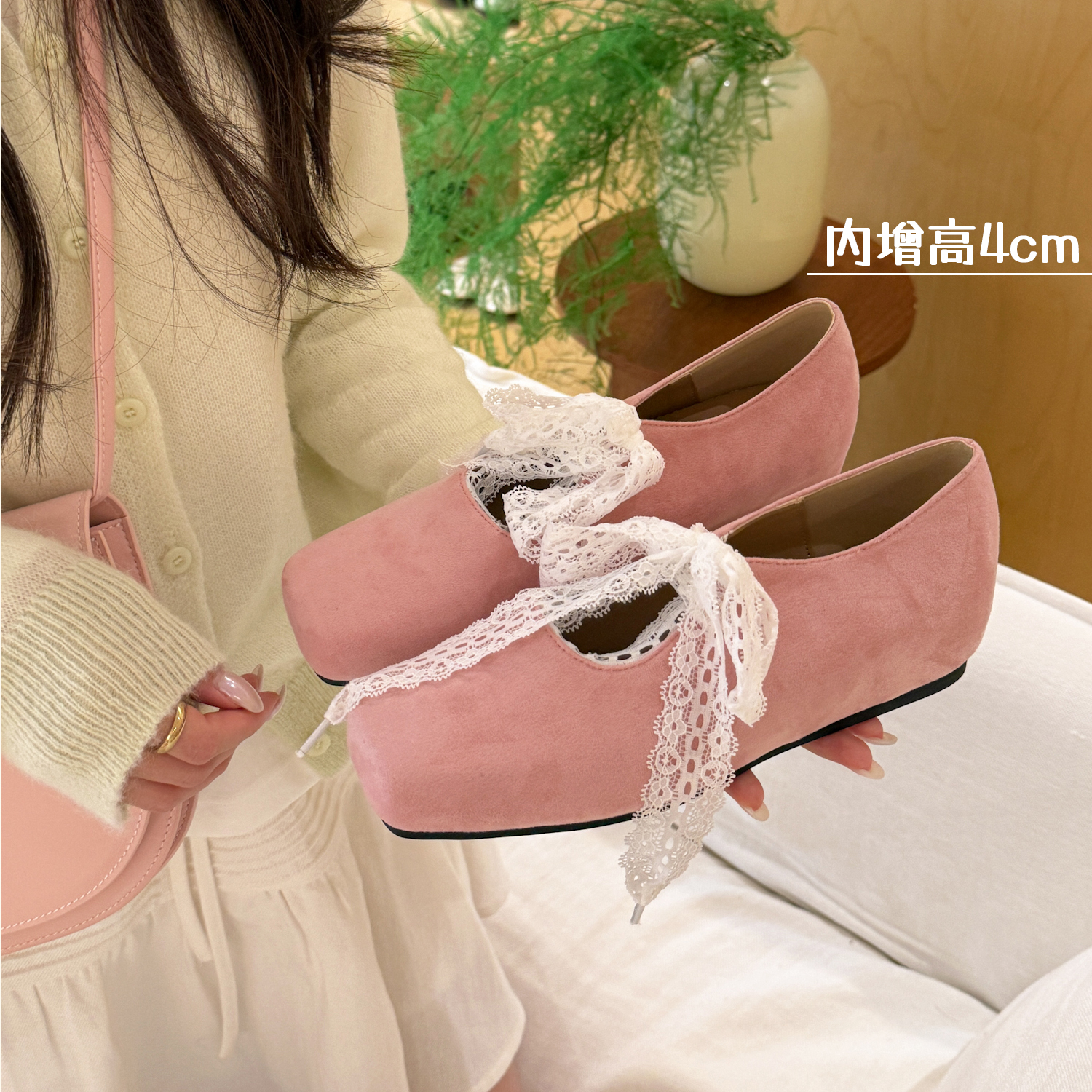 61oniiii＂芝芝桃桃＂芭蕾少女蕾丝绑带内增高一字浅口玛丽珍单鞋