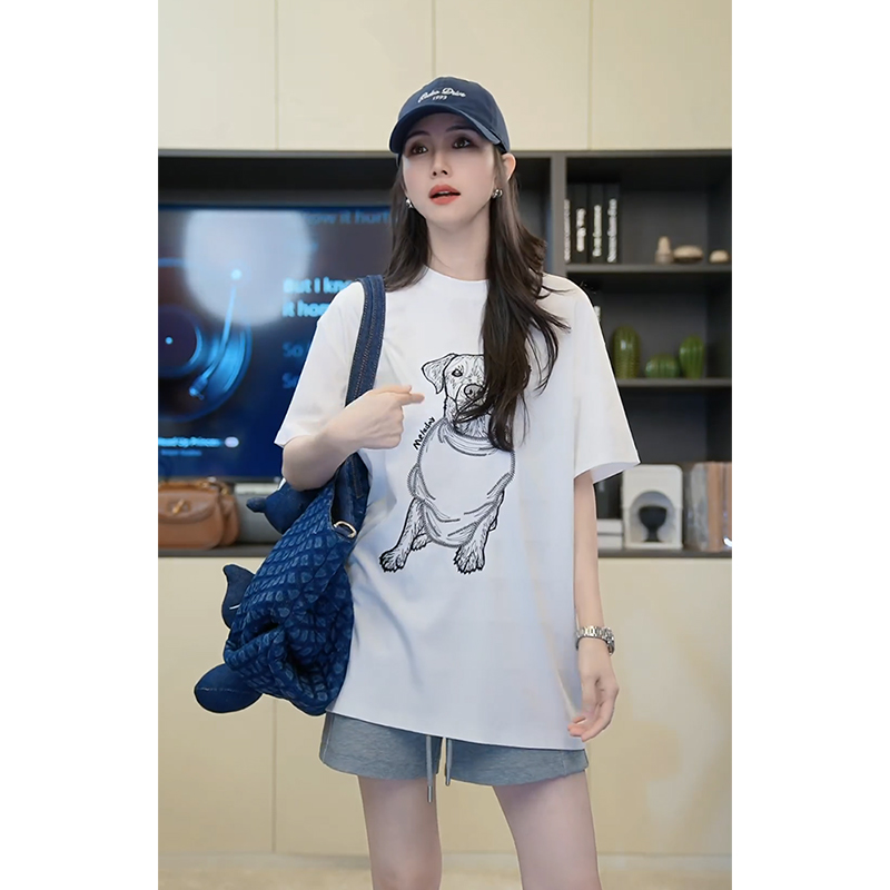 小乖逃圆领短袖小狗狗图案白色T恤上衣宽松简约T恤X1201