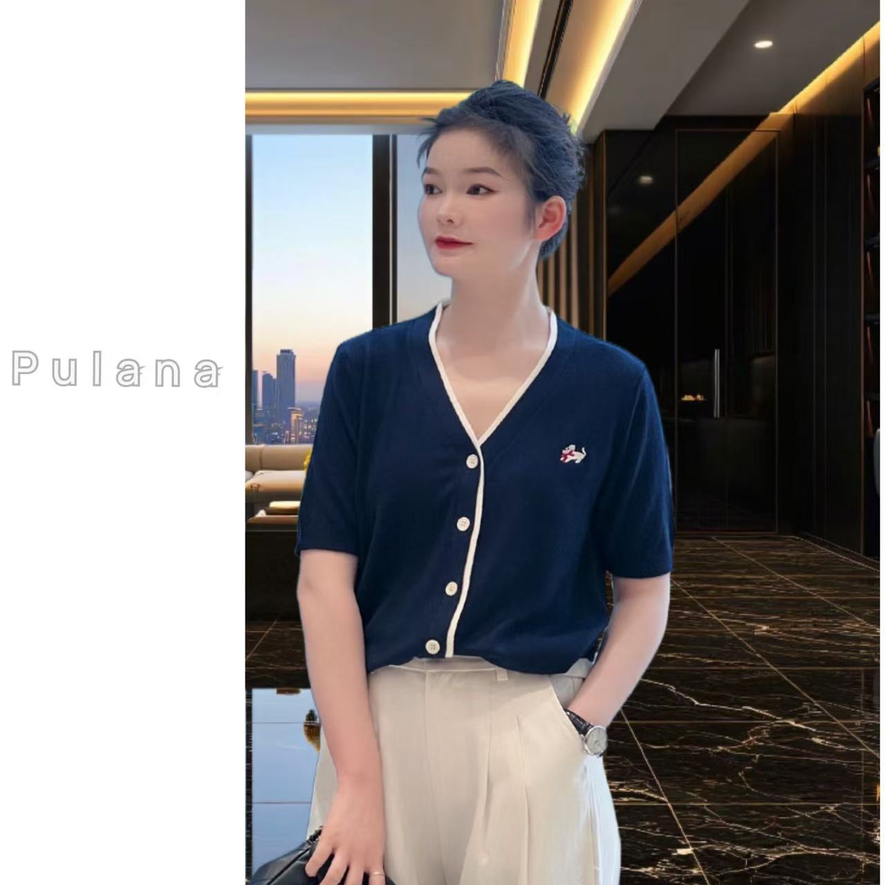 普拉那 755  夏季流行时尚短袖刺绣针织衫宽松显瘦简约百搭上衣