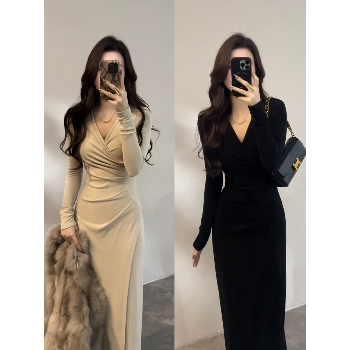 【大婷婷】V领长袖显瘦长袖连衣裙长裙冬季小众褶皱连衣裙DT1799