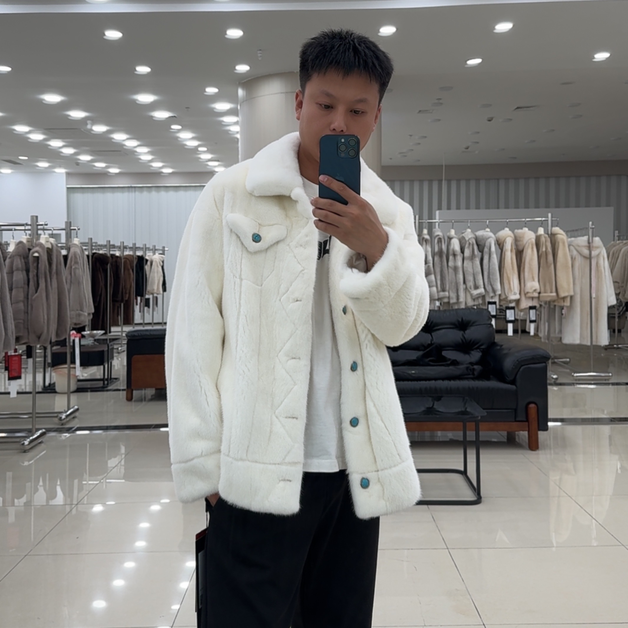 2025貂皮大衣男款休闲外套白色绿松石（全挖销）