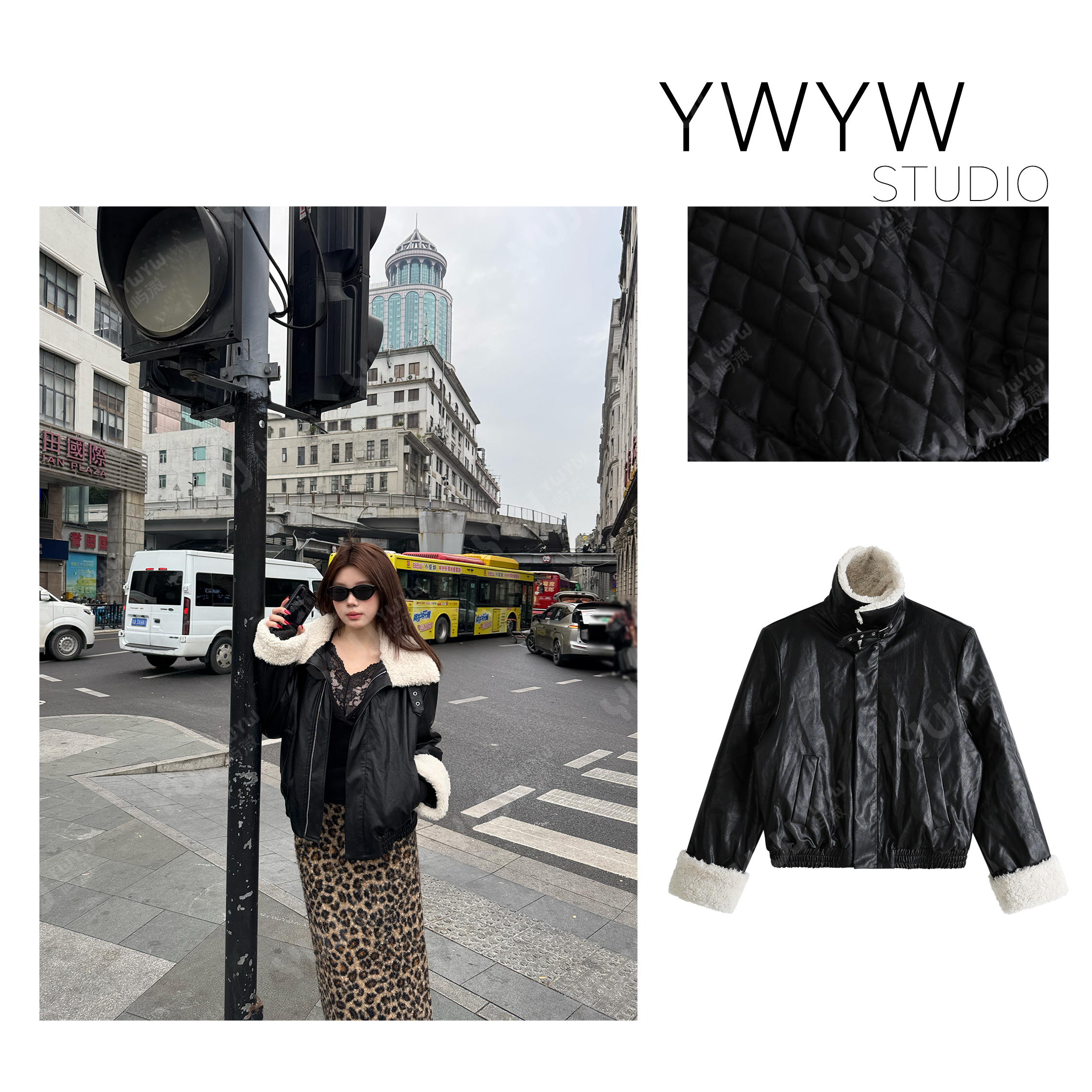 【YWYW25F/W】秋冬翻毛领拼接绒感保暖复古PU皮衣外套6010