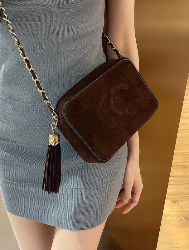 95新 Chanel/香奈儿 中古Vintage棕色麂皮流苏相机包 底长20 1开