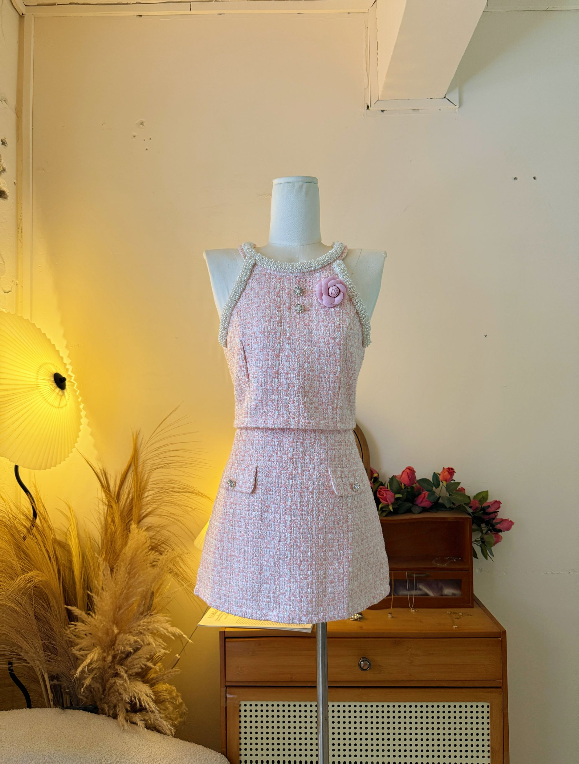 LHTE青青大码女装 新款韩系独特小香风甜辣珍珠无袖粉色套装T7719