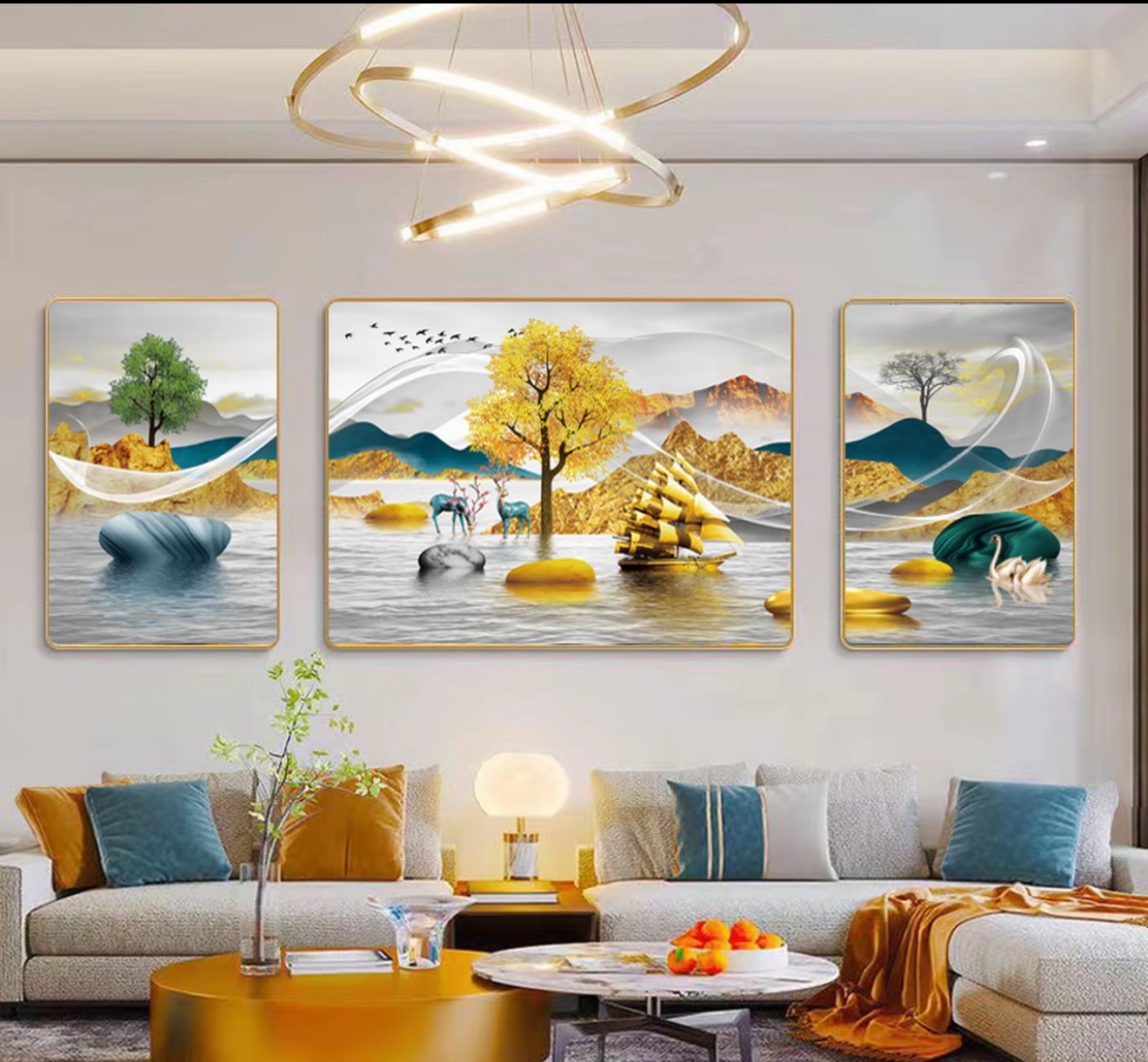 现代简约三联画轻奢高级客厅沙发背景墙装饰画山水画大气挂画