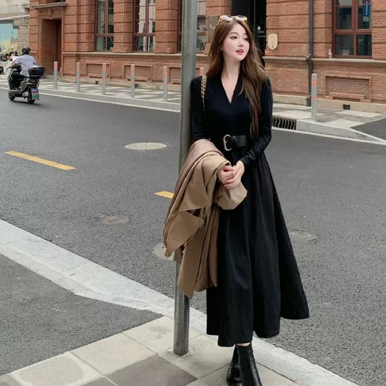 欧洲站小个子气质V领针织拼接长袖连衣裙春秋季女收腰修身长裙子