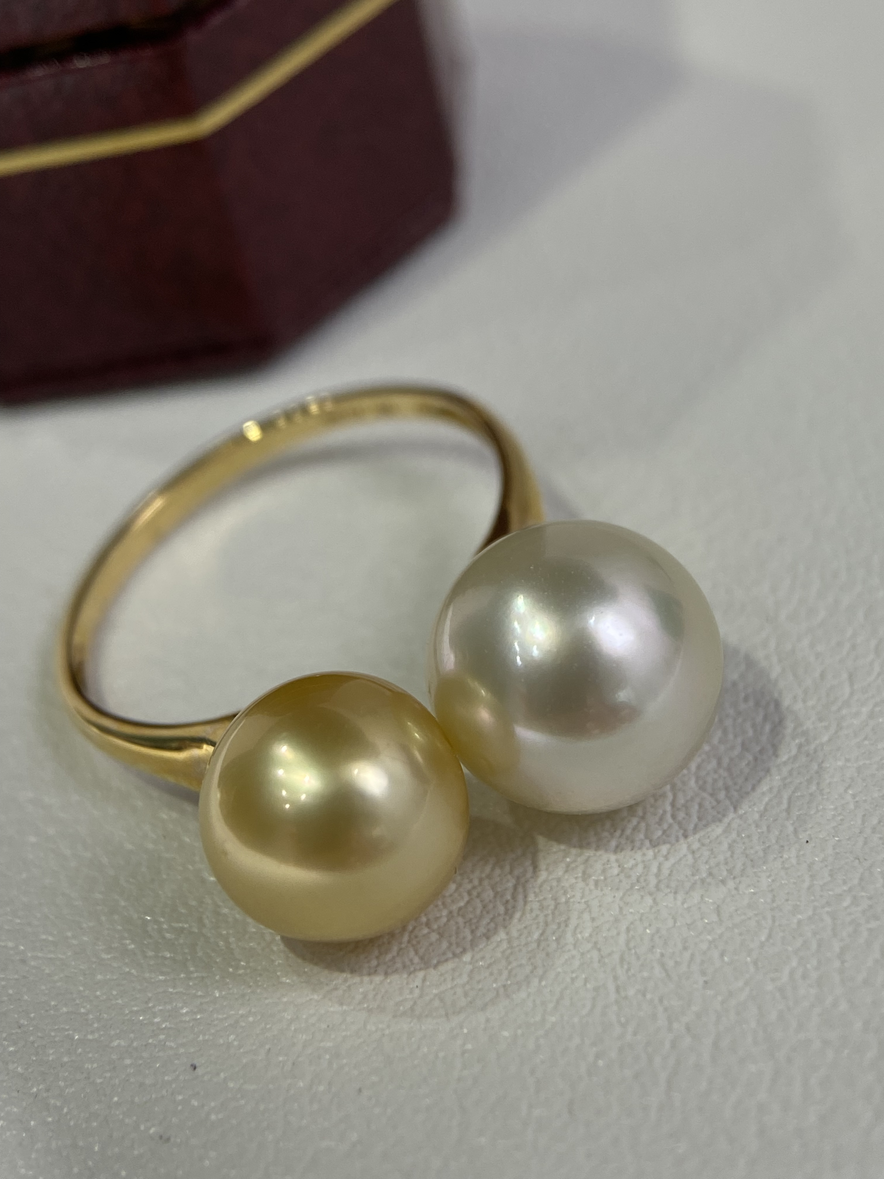 天下正品18k金海水澳白+金珠双珍珠戒指9-11mm